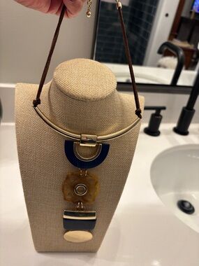 Chico's Gold, Navy and Brown Statement Pendant Necklace